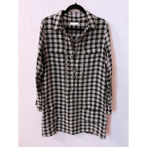Equipment Femme Knox Plaid Silk‎ Dress Long Sleeve Lace Up Black White Sz S